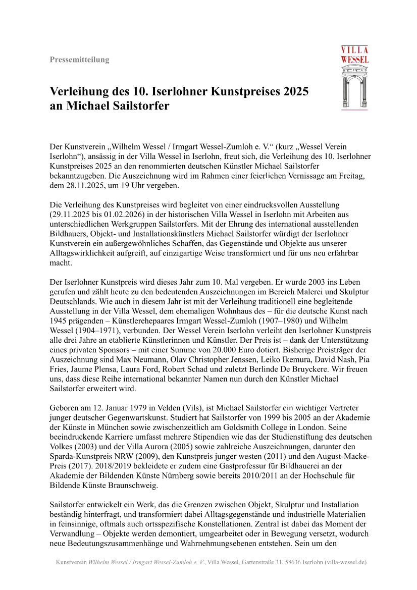 Pressemitteilung Iserlohner Kunstpreis 2025 Michael Sailstorfer Seite 1