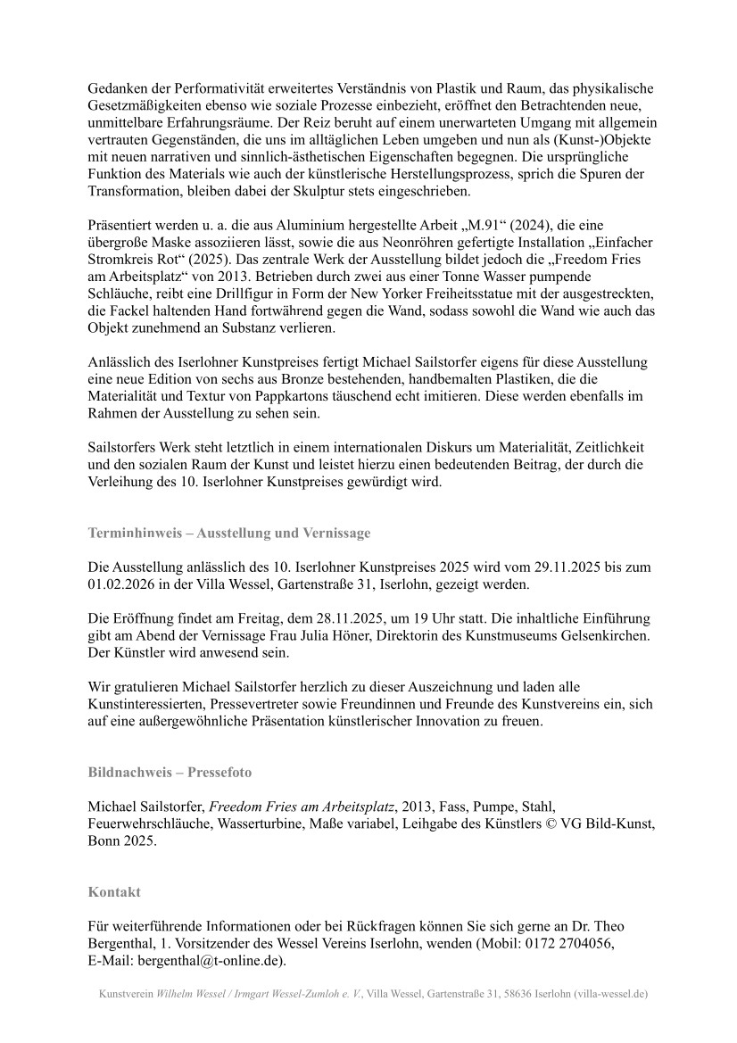 Pressemitteilung Iserlohner Kunstpreis 2025 Michael Sailstorfer Seite 2